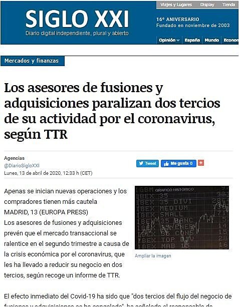 Los asesores de fusiones y adquisiciones paralizan dos tercios de su actividad por el coronavirus, segn TTR